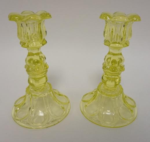 PR OF FLINT VASELINE GLASS CANDLESTICKS (1 of 3)