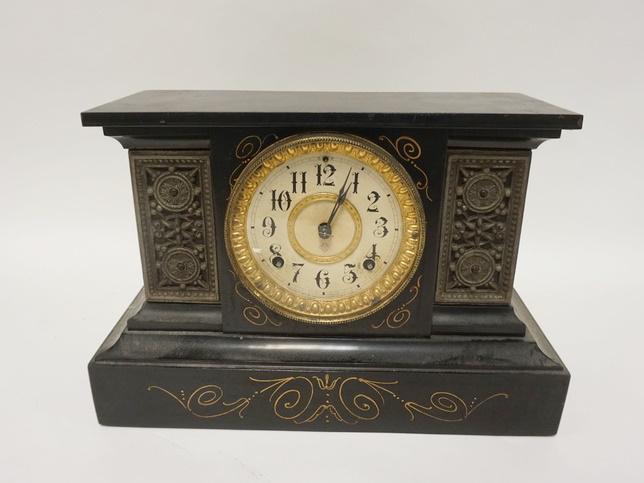 IRON VICTORIAN MANTLE CLOCK: IRON VICTORIAN MANTLE CLOCK, NO PENDULUM, BACK DOOR DETACHED, 15 IN WIDE