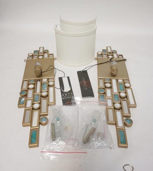 PAIR OF CORBETT WALL LIGHTS: PAIR OF CORBETT WALL LIGHTS, NEVER USED, ONE HAS A GLASS PANEL THAT NEEDS TO BE REATTACHED, CLOTH DEMILUNE SHADES, 18 1/2 IN HIGH