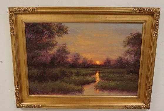 OIL ON BOARD SUNSET LANDSCAPE: OIL ON BOARD SUNSET LANDSCAPE *QUIETUDE* BY LUCERO. 44 1/2 IN X 32 1/2 IN