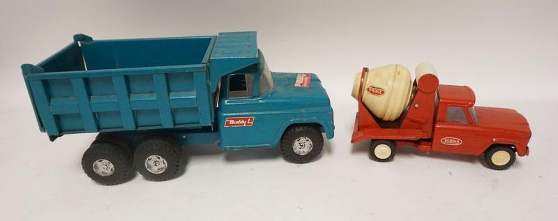 BUDDY L DUMP TRUCK & TONKA CEMENT MIXER: BUDDY L DUMP TRUCK & TONKA CEMENT MIXER, BUMPER OFF BUDDY L TRUCK, DUMP TRUCK IS 14 1/2 IN LONG