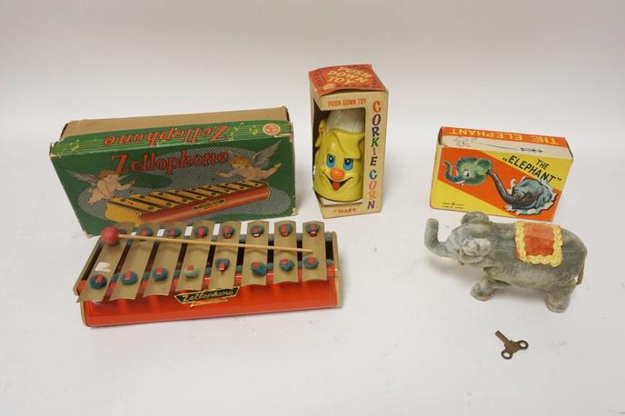 3 VINTAGE TOYS IN BOXES: 3 VINTAGE TOYS IN BOXES, ZELLOPHONE, THE ELEPHANT, & MARX CORKIE CORN