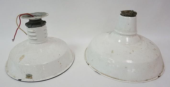 2 ENAMEL WHITE INDUSTRIAL LAMP SHADES: 2 ENAMEL WHITE INDUSTRIAL LAMP SHADES, 12 IN X 14 IN DIAMETER