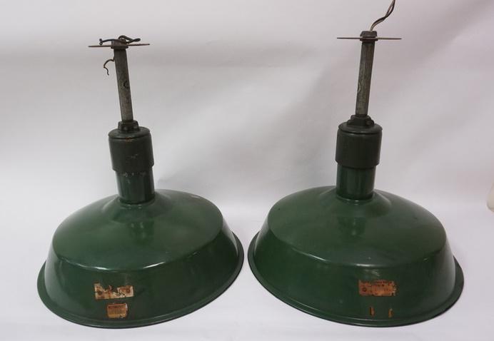 2 MATCHING GREEN ENAMEL INDUSTRIAL SHADES: 2 MATCHING GREEN ENAMEL INDUSTRIAL SHADES, 16 1/2 IN X 18 IN HIGH