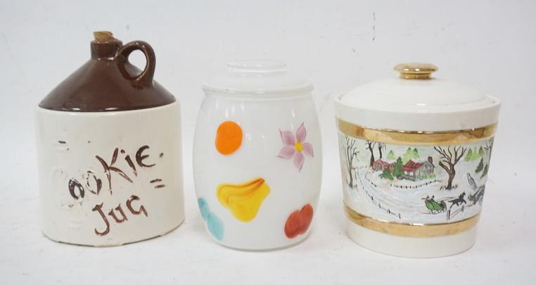 3 COOKIE JARS, JUG, DECORATED GLASS, & SCENIC (1 of 1)