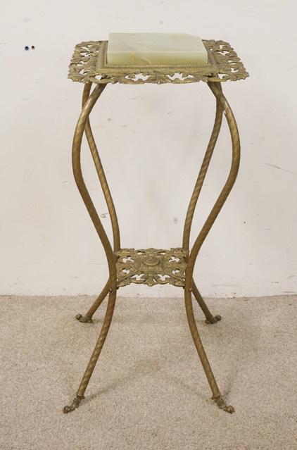 ORNATE IRON STAND: ORNATE IRON STAND, GREEN ONYX TOP IS CHIPPED, 13 1/4 IN SQUARE X 31 1/4 IN HIGH