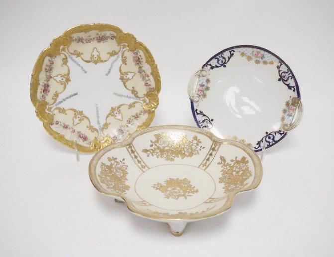 3 PIECE HAND PAINTED PORCELAIN: 3 PIECE HAND PAINTED PORCELAIN, LS & S LIMOGES PLATE, NORITAKE PLATE & FOOTED BOWL, LARGEST IS 9 3/8 IN