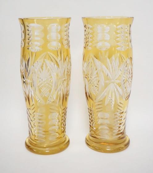 PAIR OF AMBER CUT TO CLEAR TALL VASES (1 of 3)