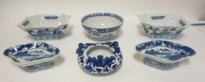 6 PIECE BLUE & WHITE ASIAN POTTERY: 6 PIECE BLUE & WHITE ASIAN POTTERY, INCLUDES BOWL W/FIGURAL BATS, RECTANGULAR BOWLS ARE 9 N
