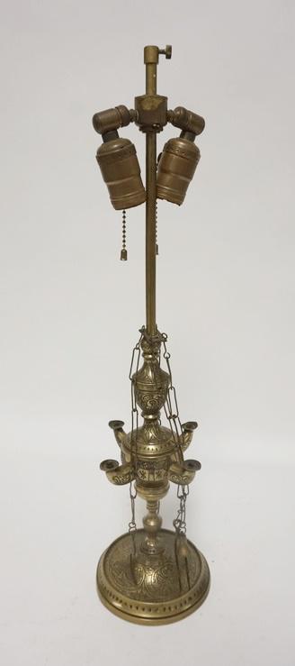 ENGRAVED BRASS FAT LAMP, ELECTRIFIED: ENGRAVED BRASS FAT LAMP, ELECTRIFIED, CORD CUT, 22 1/2 IN HIGH
