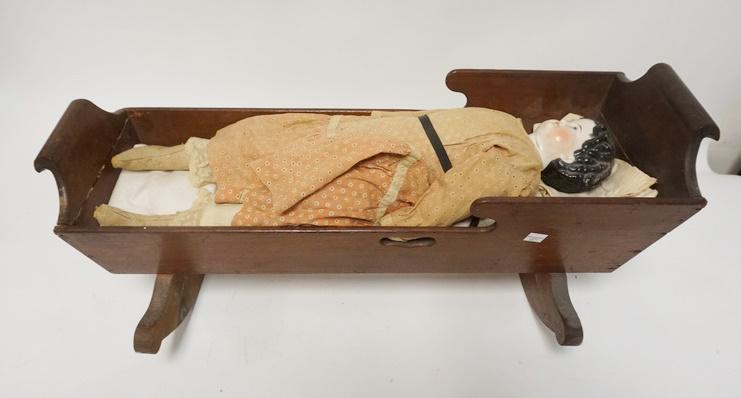 DOLL CRADLE W/DAMAGED DOLL: DOLL CRADLE W/DAMAGED DOLL, CRADLE REPAIRED