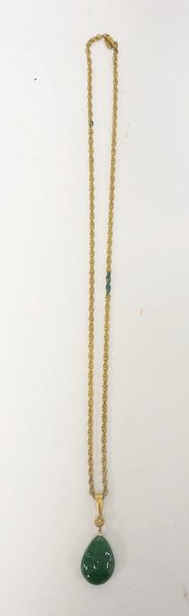 MIRIAM HASKELL JADITE STONE/GLASS TEAR DROP NECKLACE: MIRIAM HASKELL JADITE STONE/GLASS TEAR DROP NECKLACE WITH HANG TAG AND CLASP MARKING. NECKLACE IS 27 IN LONG, JADE PIECE IS 1 1/4 IN. TARNISH SPOT ON CHAIN