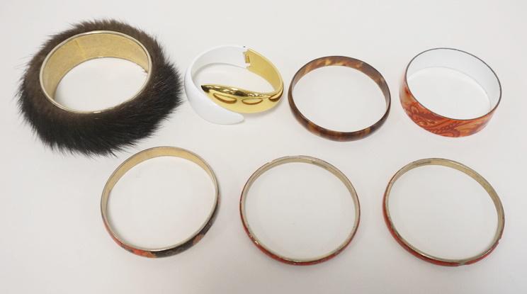 BRACELET LOT: 7 BRACELETS, ONE FUR CUFF POSSIBLY MINK, SOME DAMAGE TO ENAMEL