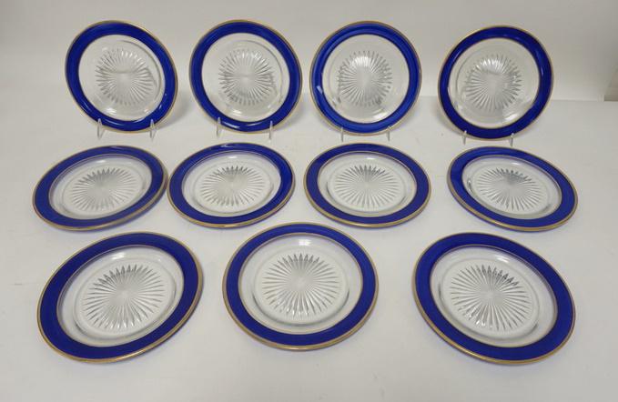 11 GLASS PLATES W/BLUE & GOLD BORDERS (1 of 3)