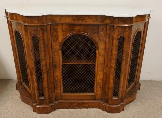 BURL MARBLE TOP CREDENZA W/WIRE MESH DOORS: BURL MARBLE TOP CREDENZA W/WIRE MESH DOORS, 54 IN WIDE X 34 1/4 IN HIGH X 17 1/4 IN DEEP