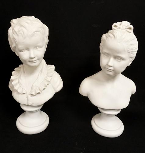 PARIAN BUSTS OF A BOY & GIRL: PARIAN BUSTS OF A BOY & GIRL, BOLTED, SIGNED & MARKED, 17 IN HIGH