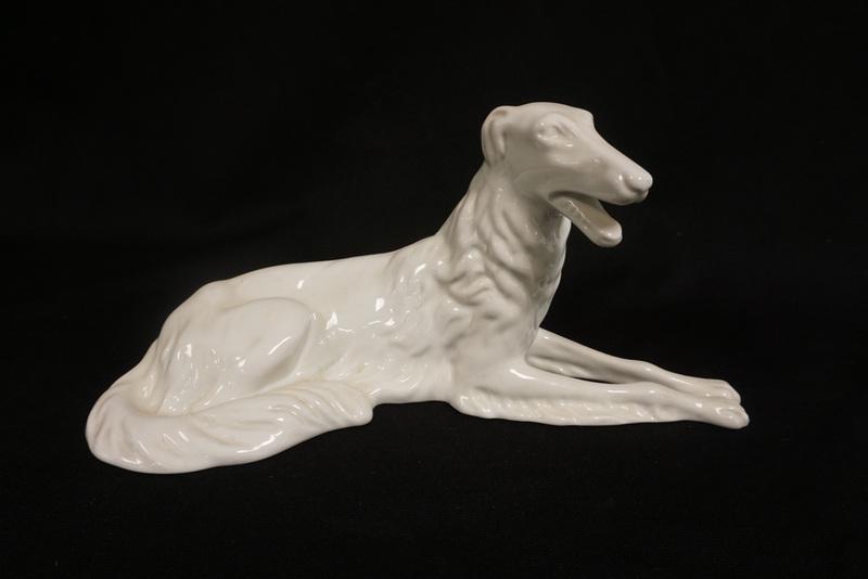 ROYAL DUX WHITE PORCELAIN BORZOI DOG: ROYAL DUX WHITE PORCELAIN BORZOI DOG, RECLINIG, 13 IN X 6 IN
