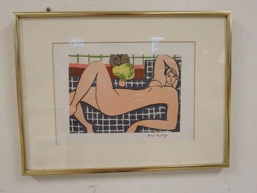 HENRI MATISSE PRINT: HENRI MATISSE PRINT OF A RECLINING NUDE. 16 1/4 IN X 12 1/4 IN INCLUDING FRAME