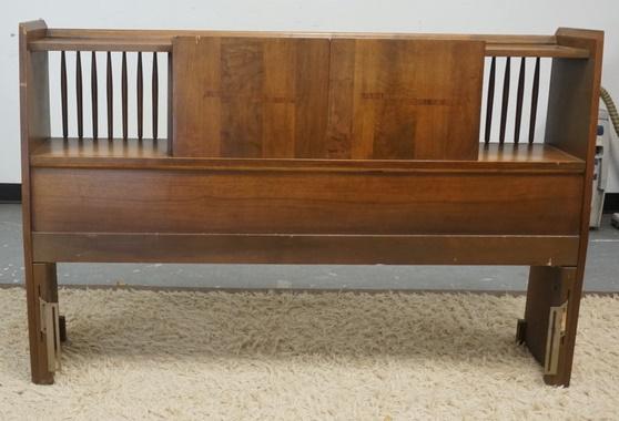 MID CENTURY MODERN HEADBOARD: MID CENTURY MODERN HEADBOARD W/ BOOKCASE BACK SLIDING DOORS 56 IN W. HAS STAIN ON TOP SURFACE