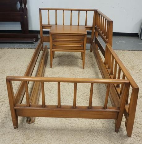 WILLETT MCM TWIN BEDS & NIGHT STAND: WILLETT MCM TWIN BEDS & NIGHT STAND, NIGHT STAND HAS SOME FINISH WEAR ON TOP, BED IS 34 IN HIGH X 41 IN WIDE, NIGHTSTAND IS 22 IN WIDE X 17 IN DEEP X 25 1/4 IN HIGH