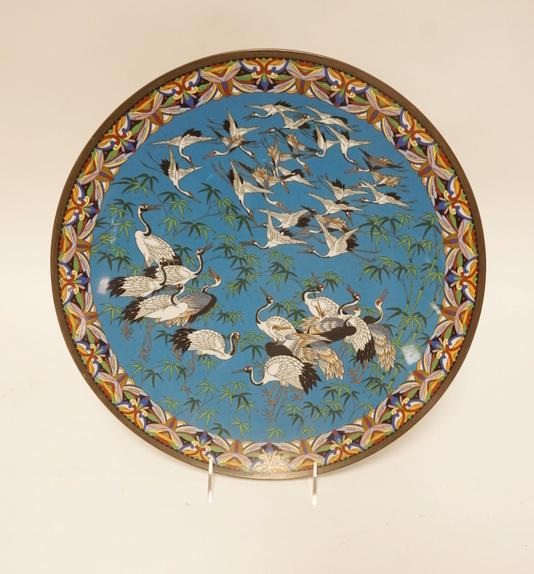 CLOISONNE CHARGER W/CRANES IN FLIGHT (1 of 3)