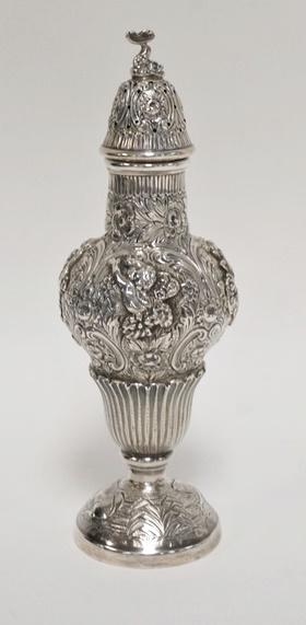 HALLMARKED SILVER PLATED MUFFINEER: HALLMARKED SILVER PLATED MUFFINEER, HAS A DOLPHIN FINIAL & CHERUBS, 7 7/8 IN HIGH