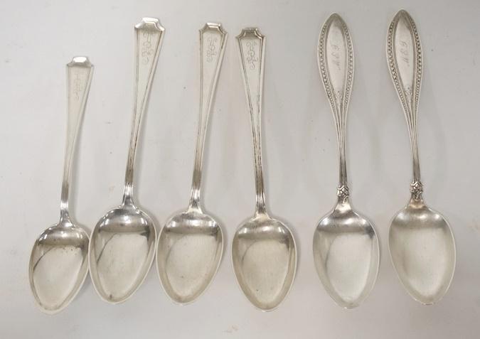 6 STERLING SILVER SPOONS: 6 STERLING SILVER SPOONS, ALL ARE MONOGRAMMED, LONGEST IS 5 3/4 IN X 3.95 TOZ