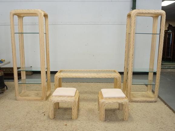 UNUSUAL WOVEN REEDED SHELVES, TABLE, & STOOLS (1 of 3)