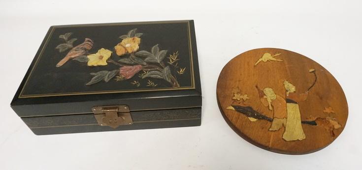 LACQUERED ASIAN JEWELRY BOX & INLAID ASIAN PLAQUE (1 of 4)