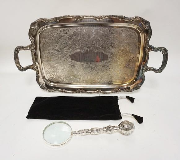 SILVER PLATE TRAY & LARGE MAGNIFYING GLASS (1 of 2)