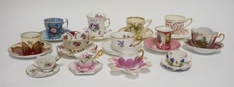 GROUP OF 13 DECORATED CUP & SAUCER SETS: GROUP OF 13 DECORATED CUP & SAUCER SETS, INCLUDES COPELAND SPODE, & MINIATURES