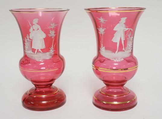 PAIR OF HAND PAINTED CRANBERRY VASES (1 of 2)