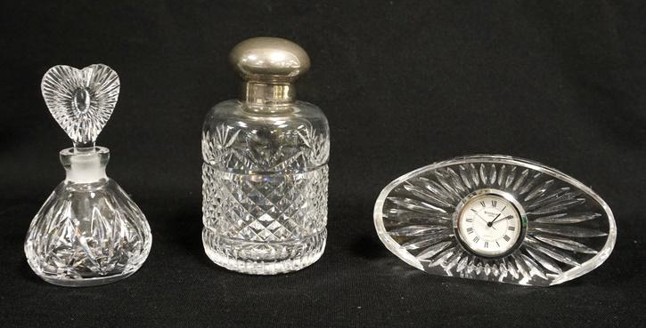 3 PIECES WATERFORD CRYSTAL: 3 PIECES WATERFORD CRYSTAL, DRESSER CLOCK, PERFUME W/HEART SHAPED STOPPER & A PERFUME W/METAL TOP-STOPPER MISSING, TALLEST IS 4 3/4 IN