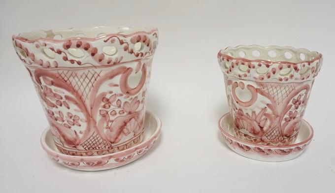 2 HAND PAINTED FLOWER POTS W/UNDERPLATES (1 of 2)