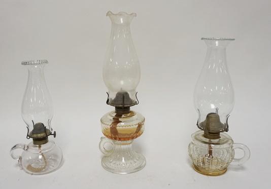 3 ANTIQUE PATTERN GLASS CHAMBER LAMPS: 3 ANTIQUE PATTERN GLASS CHAMBER LAMPS, TALLEST IS 14 IN