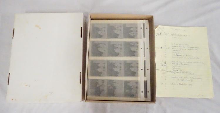 LOT OF VICTOR G. MACAROL NEGATIVES: LOT OF VICTOR MACAROL PHOTO NEGATIVES. BOX IS DATED 1991-1993, HAS PAGES OF NEGATIVES IN SLEEVES NUMBERED UP TO 104 ALSO CONTAINS HANDWRITTEN NOTES ON CONTENTS.