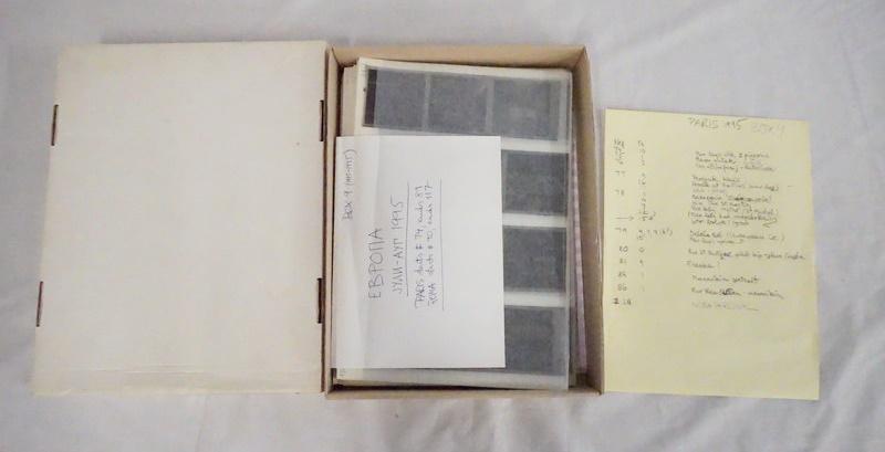 LOT OF VICTOR G. MACAROL NEGATIVES: LOT OF VICTOR MACAROL PHOTO NEGATIVES. BOX IS DATED 1993-1995, HAS PAGES OF NEGATIVES IN SLEEVES NUMBERED UP TO 117 ALSO CONTAINS HANDWRITTEN NOTES ON CONTENTS.