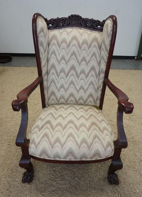 CARVED UPHOLSTERED WING BACK ARM CHAIR (1 of 3)