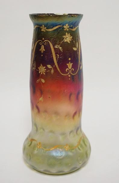 BOHEMIAN CUT GLASS VASE W/GOLD ENAMEL: BOHEMIAN CUT GLASS VASE W/GOLD ENAMEL, INVERTED THUMBPRINT, SHADED RED TO CLEAR W/GREEN FRIT, HAS RIM CHIPS, 10 3/8 IN HIGH