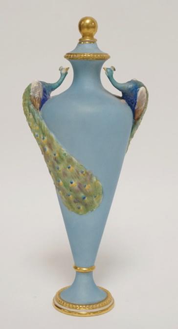 ROYAL WORCESTER PEACOCK BOTTLE: ROYAL WORCESTER PEACOCK BOTTLE W/STOPPER, HAS 2 RELIEF PEACOCKS, HAND PAINTED, 9 3/4 IN HIGH