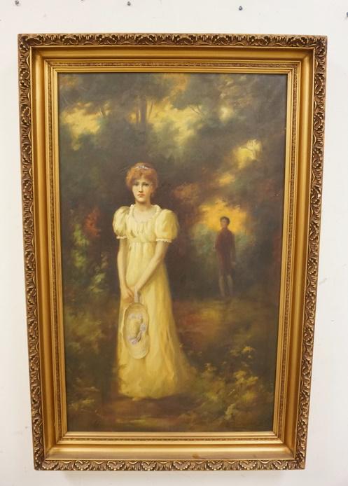 HARRY GEORGE THEAKER OIL ON CANVAS 1896: HARRY GEORGE THEAKER OIL ON CANVAS 1896, LADY ON A WOODED PATHWAY W/A MAN BEHIND HER, 30 IN X 46 1/2 IN INCLUDING FRAME