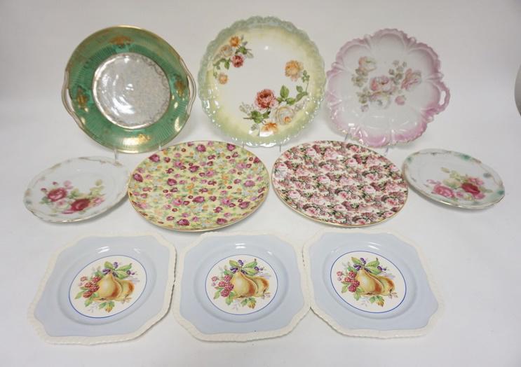 LOT OF 10 DECORATED PLATES: LOT OF 10 DECORATED PLATES, INCLUDES JOHNSON BROS, STAFFORDSHIRE, CHINTZ, NORITAKE, GERMANY, ETC, LARGEST IS 10 1/2 IN