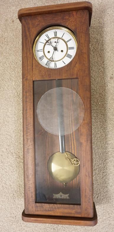 GERMAN WALL CLOCK: GERMAN WALL CLOCK, REQUIRES SOME RESTORATION, 32 IN HIGH X 11 1/2 IN WIDE