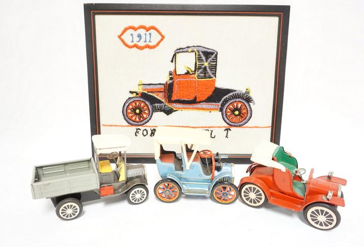 3 TOY TIN FRICTION CARS, ETC: 3 TOY TIN FRICTION CARS & AN EMBROIDERED MODEL T PICTURE