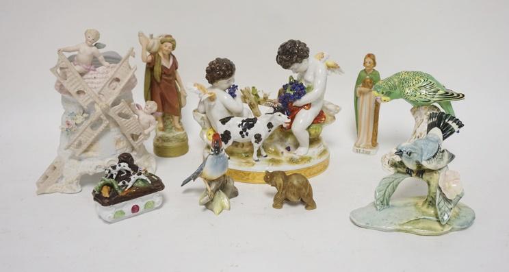 9 PIECE LOT OF PORCELAIN & OTHER FIGURES: 9 PIECE LOT OF PORCELAIN & OTHER FIGURES W/SOME DAMAGE, LOT INCLUDES ANTIQUE FERRING, ROYAL DUX, ROYAL WORCESTER, ETC