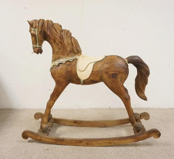 WOODEN ROCKING HORSE: WOODEN ROCKING HORSE, PAINT DECORATED, TAIL IS A SEPARATE PIECE, APPROXIMATELY 47 IN LONG X 42 IN HIGH