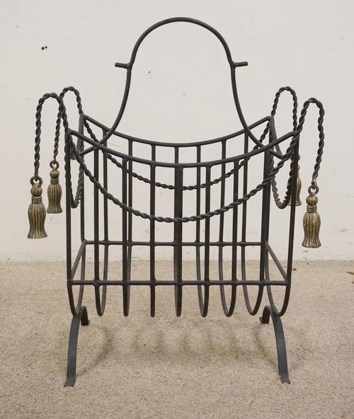 IRON MAGAZINE RACK W/TASSEL DECORATION: IRON MAGAZINE RACK W/TASSEL DECORATION, 11 IN X 22 1/2 IN X 30 IN HIGH
