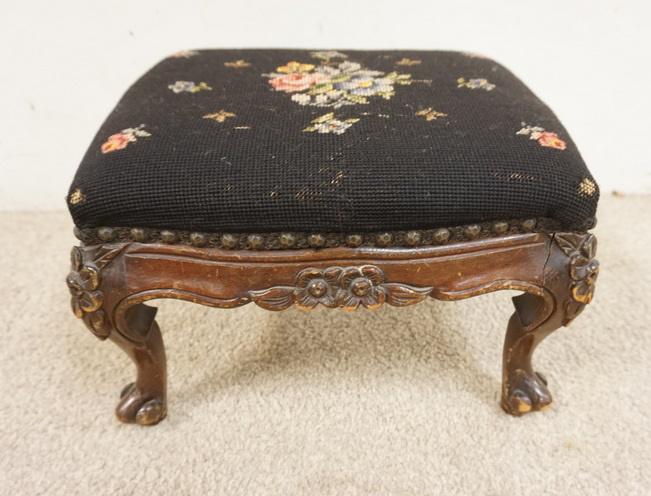 FLORAL CARVED STOOL: FLORAL CARVED STOOL, 15 IN X 12 IN X 10 IN HIGH