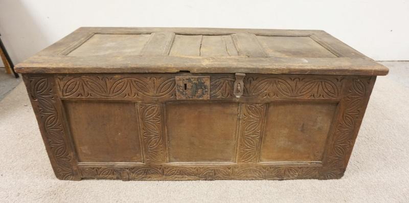 ANTIQUE WOODEN LIFT TOP CHEST: ANTIQUE WOODEN LIFT TOP CHEST WITH CARVED RAILS, AS FOUND, 44 IN X 19 3/4 IN X 18 IN HIGH