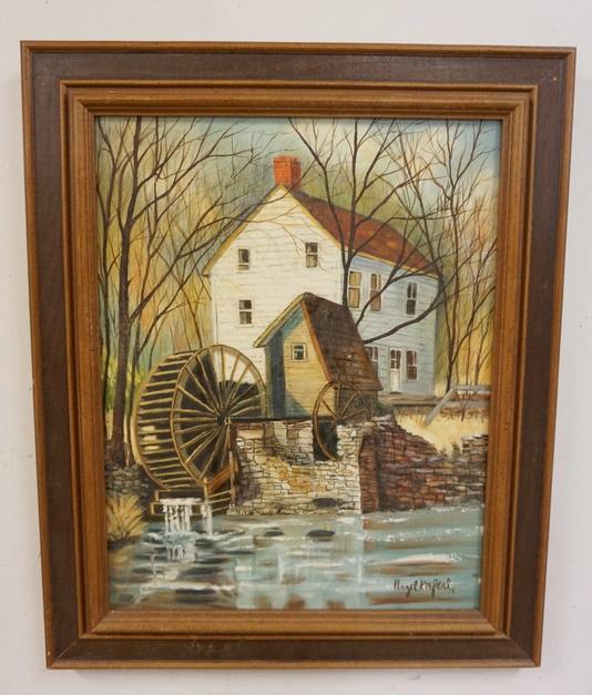 HAZEL KOEFERLE OIL ON CANVAS OF A MILL: HAZEL KOEFERLE OIL ON CANVAS OF A MILL, 18 1/2 IN X 22 1/4 IN INCLUDING FRAME